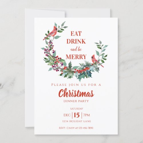 Cardinal Floral Holly Christmas Dinner Party Invitation