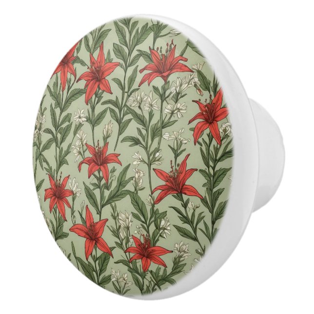 Cardinal flowers and leaves pattern ceramic knob (Right)