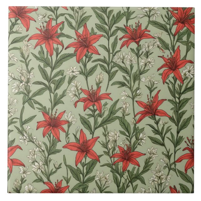 Cardinal flowers and leaves pattern ceramic tile (Front)