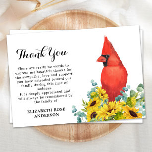 Cardinal Funeral Memorial Sunflowers Sympathy Thank You Card
