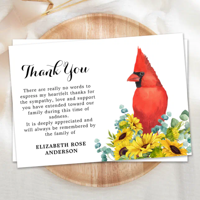 Cardinal Funeral Memorial Sunflowers Sympathy Thank You Card | Zazzle