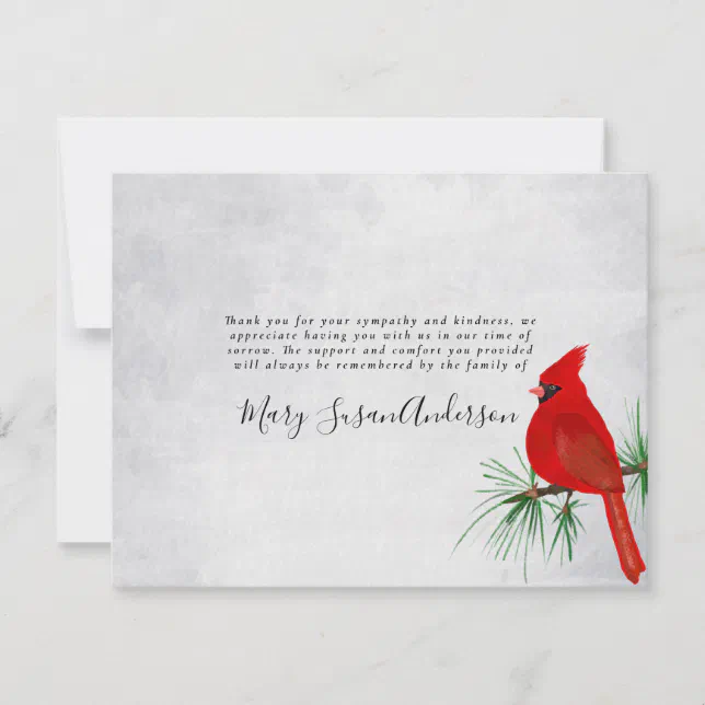 Cardinal Funeral Memorial Sympathy Thank You Card Zazzle 6157