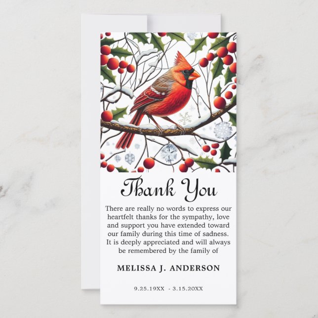 Cardinal Funeral Memorial Sympathy Thank You Card (Front)