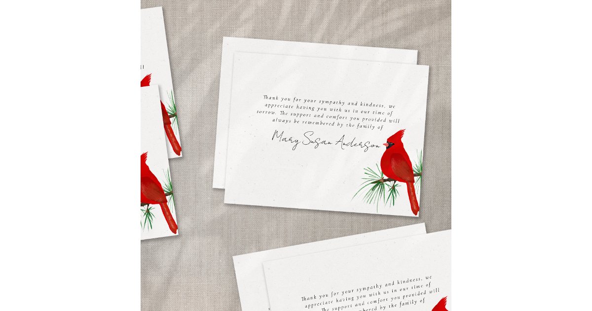Cardinal Funeral Memorial Thank You Note Card | Zazzle