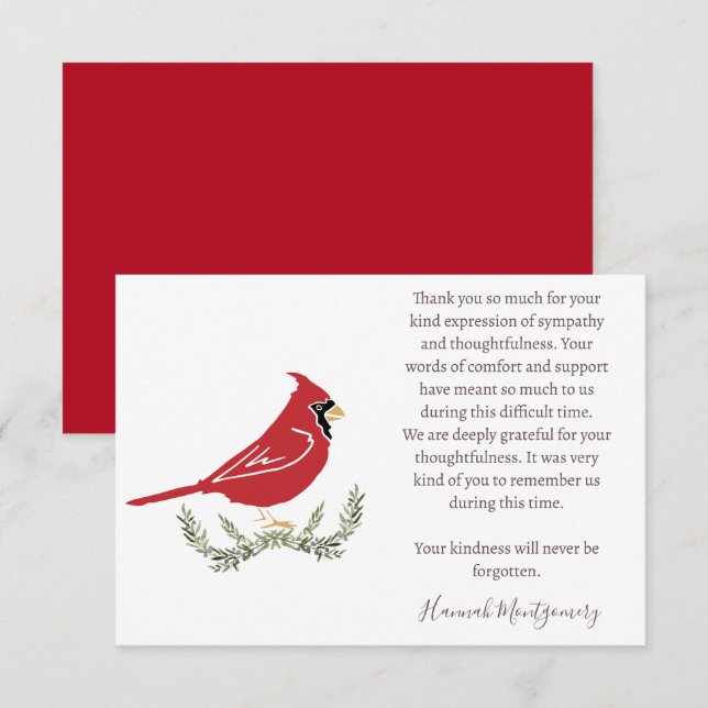Cardinal Funeral Photo Thank You Card, Sympathy Note Card (Front/Back)
