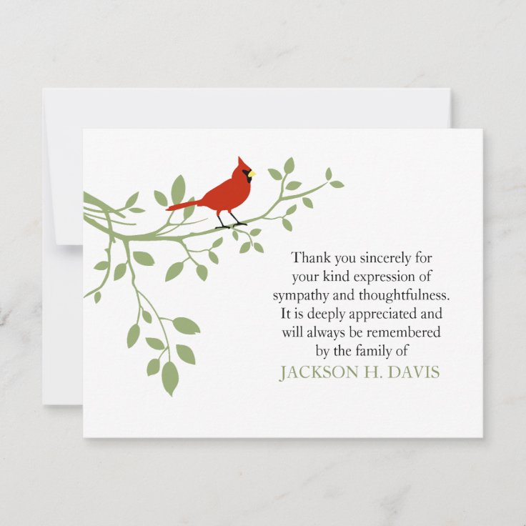 Cardinal Funeral Thank You Note Card Red Bird Zazzle