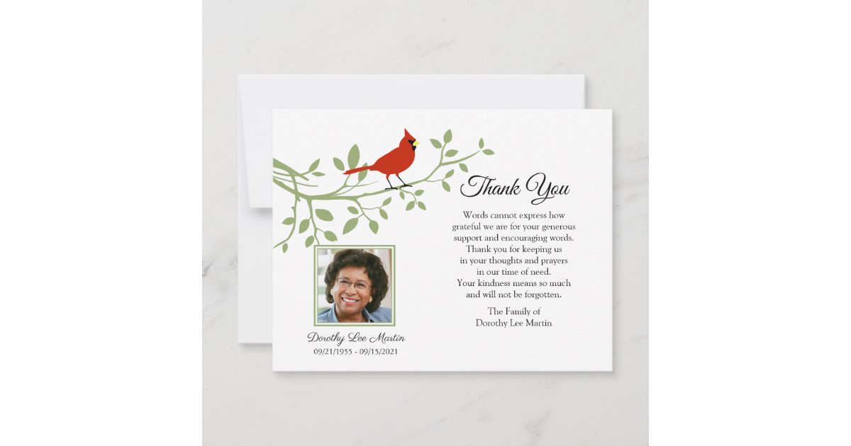 Cardinal Funeral Thank You Photo Note Card | Zazzle