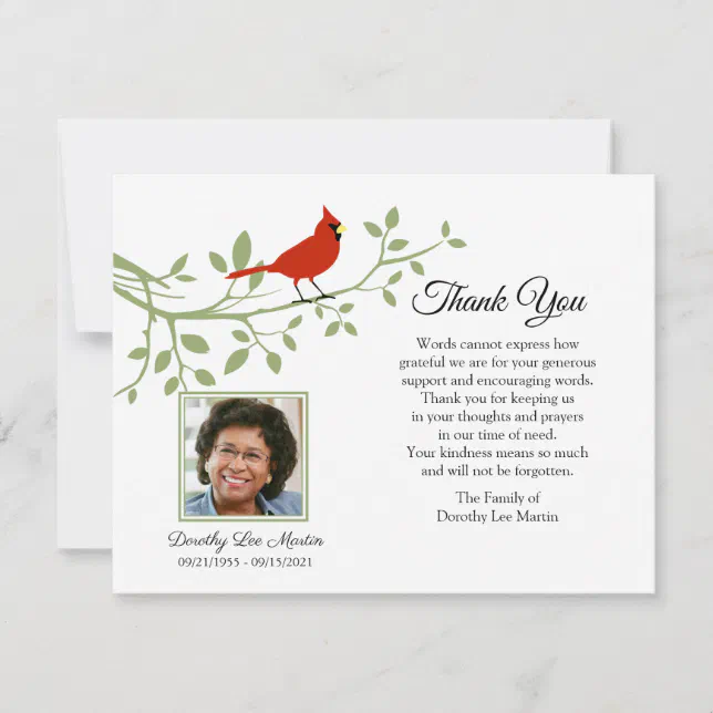 Cardinal Funeral Thank You Photo Note Card | Zazzle