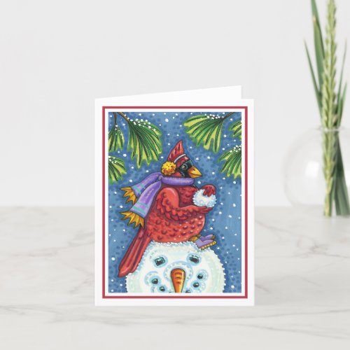 CARDINAL GUARDING SNOWMAN CHRISTMAS REDBIRD Blank Card