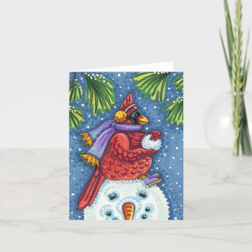 CARDINAL GUARDING SNOWMAN CHRISTMAS REDBIRD Blank Card