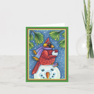 CARDINAL GUARDING SNOWMAN, CHRISTMAS REDBIRD Blank Card