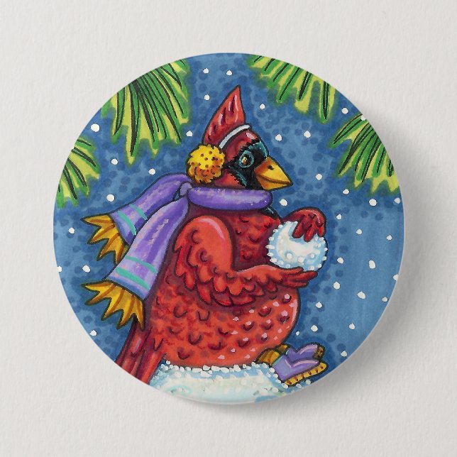 CARDINAL GUARDING SNOWMAN, CUTE CHRISTMAS REDBIRD BUTTON (Front)