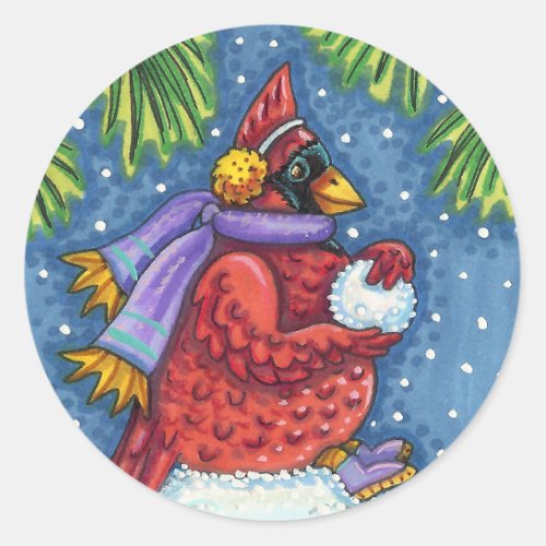 CARDINAL GUARDING SNOWMAN CUTE CHRISTMAS REDBIRD CLASSIC ROUND STICKER