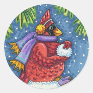 CARDINAL GUARDING SNOWMAN, CUTE CHRISTMAS REDBIRD CLASSIC ROUND STICKER