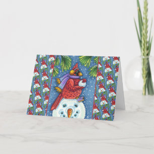 CARDINAL GUARDING SNOWMAN, CUTE CHRISTMAS REDBIRD HOLIDAY CARD
