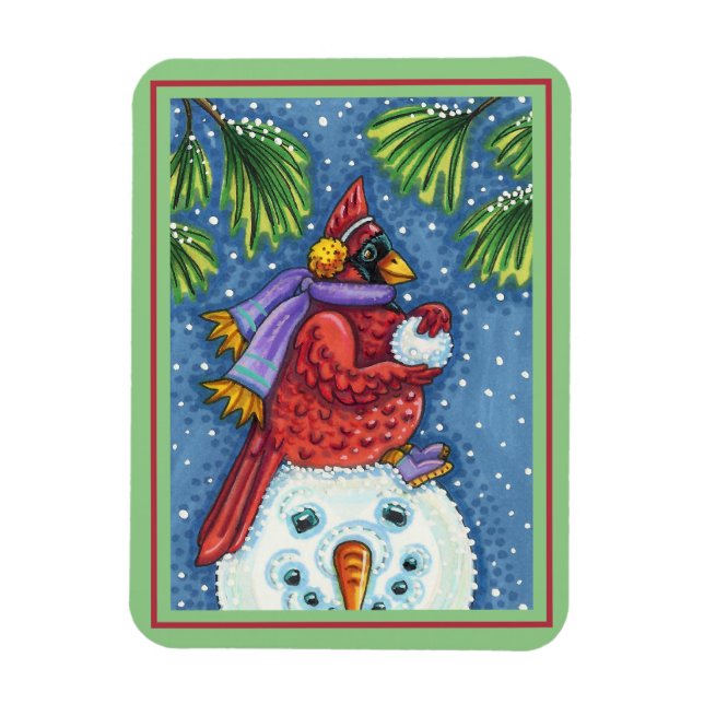 CARDINAL GUARDING SNOWMAN, CUTE CHRISTMAS REDBIRD MAGNET (Vertical)