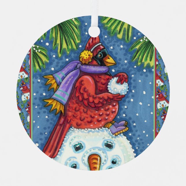 CARDINAL GUARDING SNOWMAN, CUTE CHRISTMAS REDBIRD METAL ORNAMENT (Front)
