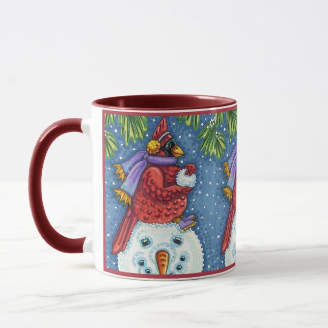 CARDINAL GUARDING SNOWMAN, CUTE CHRISTMAS REDBIRD MUG (Left)