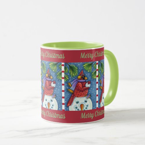 CARDINAL GUARDING SNOWMAN CUTE CHRISTMAS REDBIRD MUG