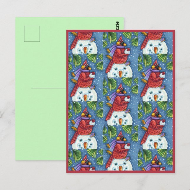 CARDINAL GUARDING SNOWMAN, CUTE CHRISTMAS REDBIRD POSTCARD (Front/Back)