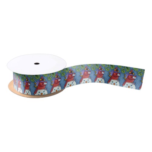 CARDINAL GUARDING SNOWMAN CUTE CHRISTMAS REDBIRD SATIN RIBBON