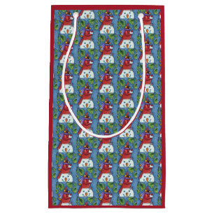 CARDINAL GUARDING SNOWMAN, CUTE CHRISTMAS REDBIRD SMALL GIFT BAG