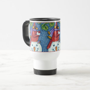 CARDINAL GUARDING SNOWMAN, CUTE CHRISTMAS REDBIRD TRAVEL MUG