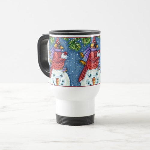 CARDINAL GUARDING SNOWMAN CUTE CHRISTMAS REDBIRD TRAVEL MUG