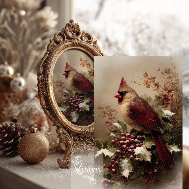 Cardinal Holly Berries Christmas Tissue Paper (Cardinal with holly berries in vintage gold frame against a snowy window with close up of Cardinal.)