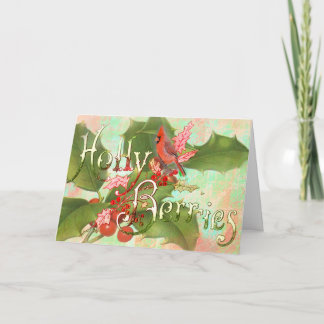 Cardinal & Holly Berries Custom Greeting Card