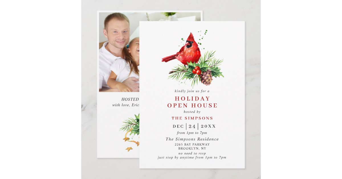 Cardinal Holly Berry Holiday Christmas Open House Invitation | Zazzle