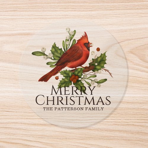 Cardinal Holly Christmas Custom Name Classic Round Sticker