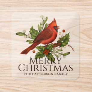 Cardinal Holly Christmas Treat Custom Name Square Sticker