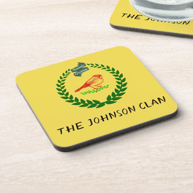 Cardinal Holly Wreath Clan Crest Drink Coaster (Left Side)