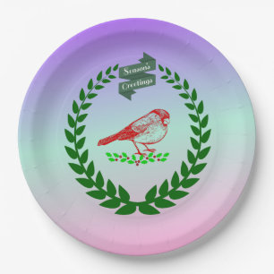 Cardinal Holly Wreath Seasons Gradient Glow Paper Plates