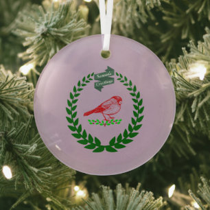 Cardinal Holly Wreath Seasons Lilac Shine Glass Ornament