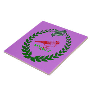 Cardinal Holly Wreath Seasons Purple Glow Tile