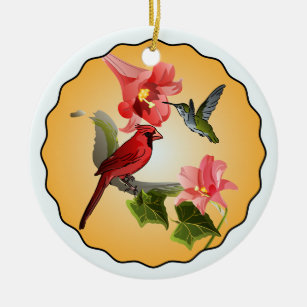 Cardinal & Hummingbird with Pink Lilies Round Ceramic Ornament
