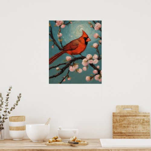 Cardinal in a blooming almond tree poster