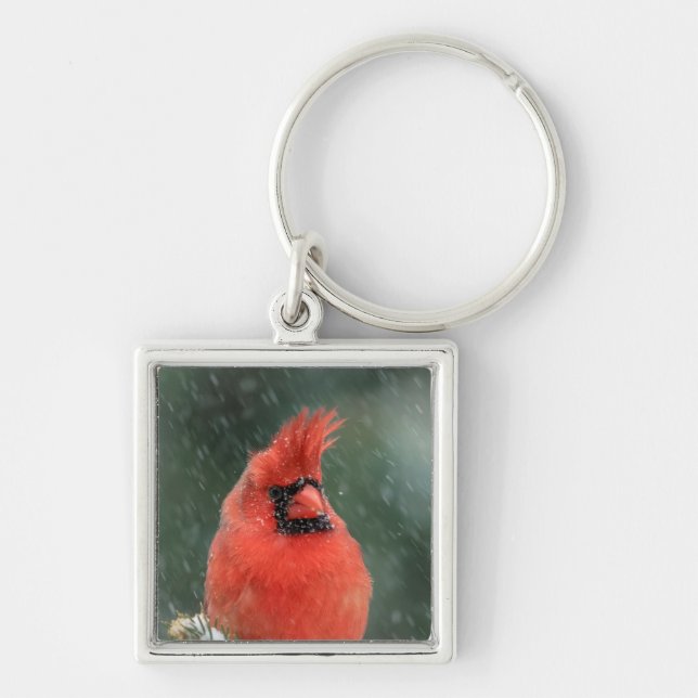 Cardinal in a pine tree during a snow storm keychain (Front)