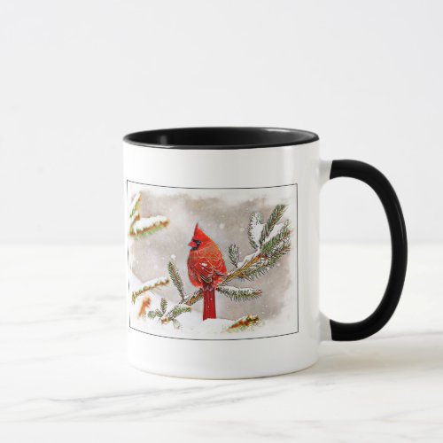 Cardinal in a pine tree in winter mug