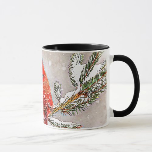 Cardinal in a pine tree in winter mug