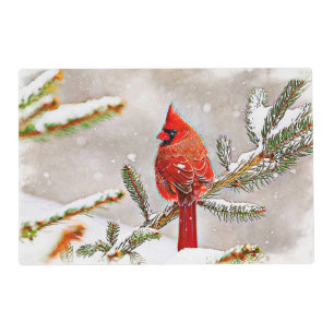 Cardinal in a pine tree in winter placemat