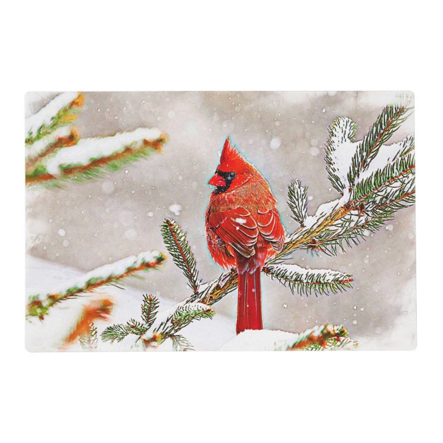 Cardinal in a pine tree in winter placemat (Front)