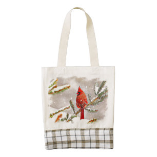 Cardinal in a pine tree in winter zazzle HEART tote bag