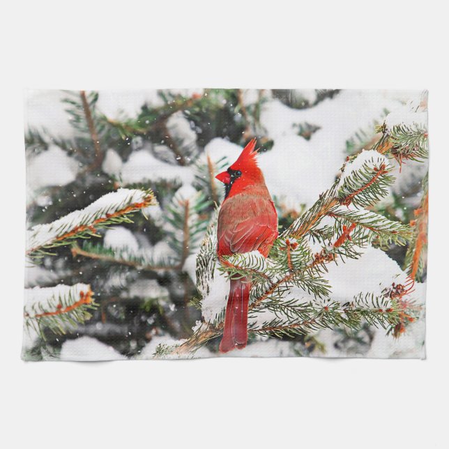 Cardinal in a pine tree kitchen towel (Horizontal)