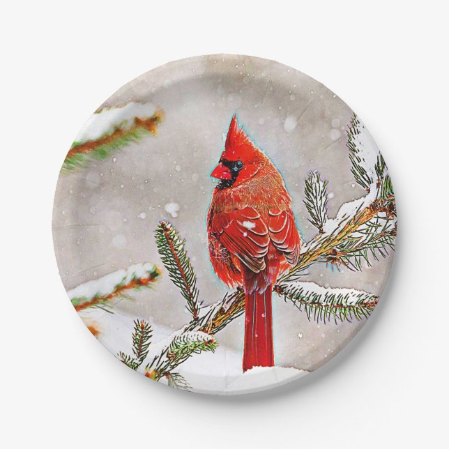 Cardinal in a pine tree paper plates (Front)