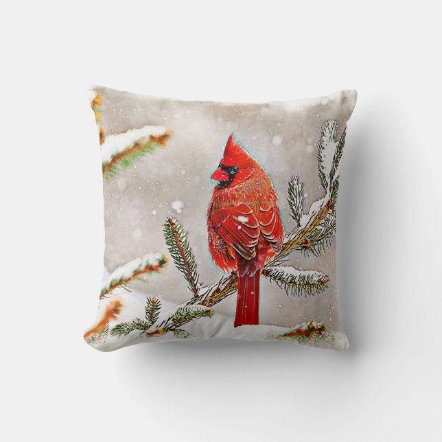Cardinal in a pine tree throw pillow (Front)