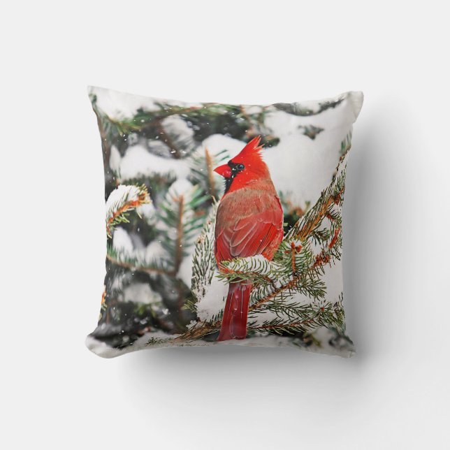 Cardinal in a pine tree throw pillow (Front)
