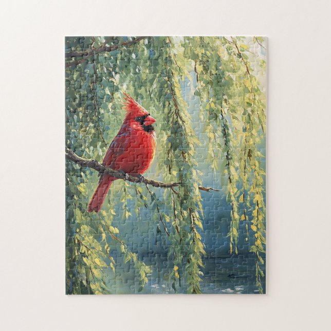 Cardinal in a Willow Tree Jigsaw Puzzle (Vertical)